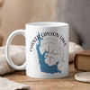White mug with Parker Canyon Lake outline and compass rose design.