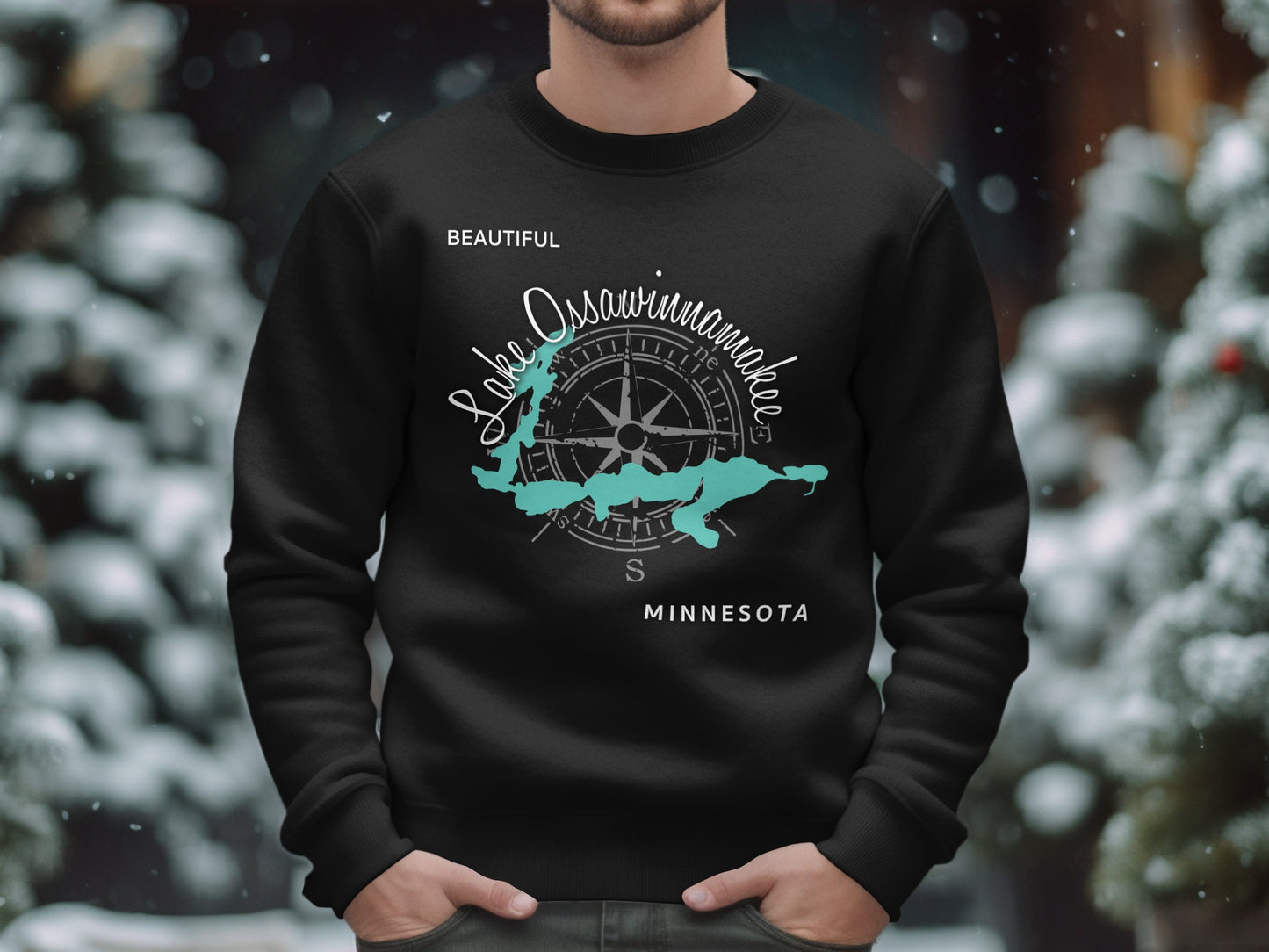 Black sweatshirt with "Beautiful Lake Ossawinamakee Minnesota" and compass graphic.