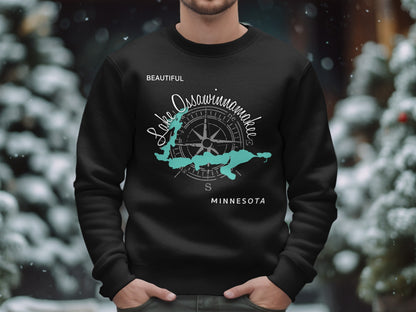 Black sweatshirt with "Beautiful Lake Ossawinamakee Minnesota" and compass graphic.