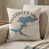 Pillow with Silverwood Lake California map graphic and compass design.