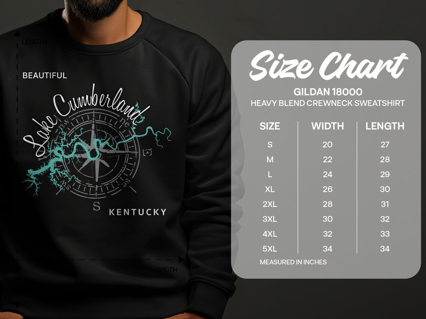 Lake Cumberland, Kentucky sweatshirt design with a nautical compass and size chart.