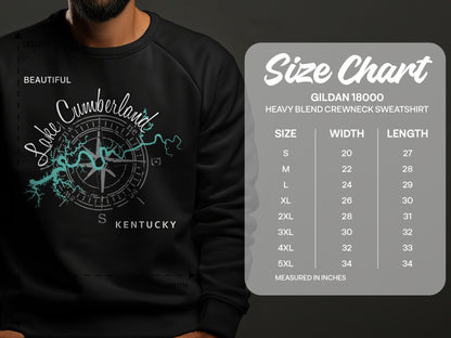 Lake Cumberland, Kentucky sweatshirt design with a nautical compass and size chart.