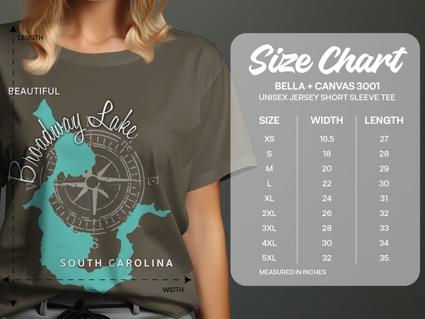 Size chart for a Bella + Canvas 3001 unisex t-shirt with "Broadway Lake" graphic.