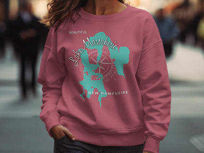 Maroon sweatshirt with Lake Massabesic map graphic and text.