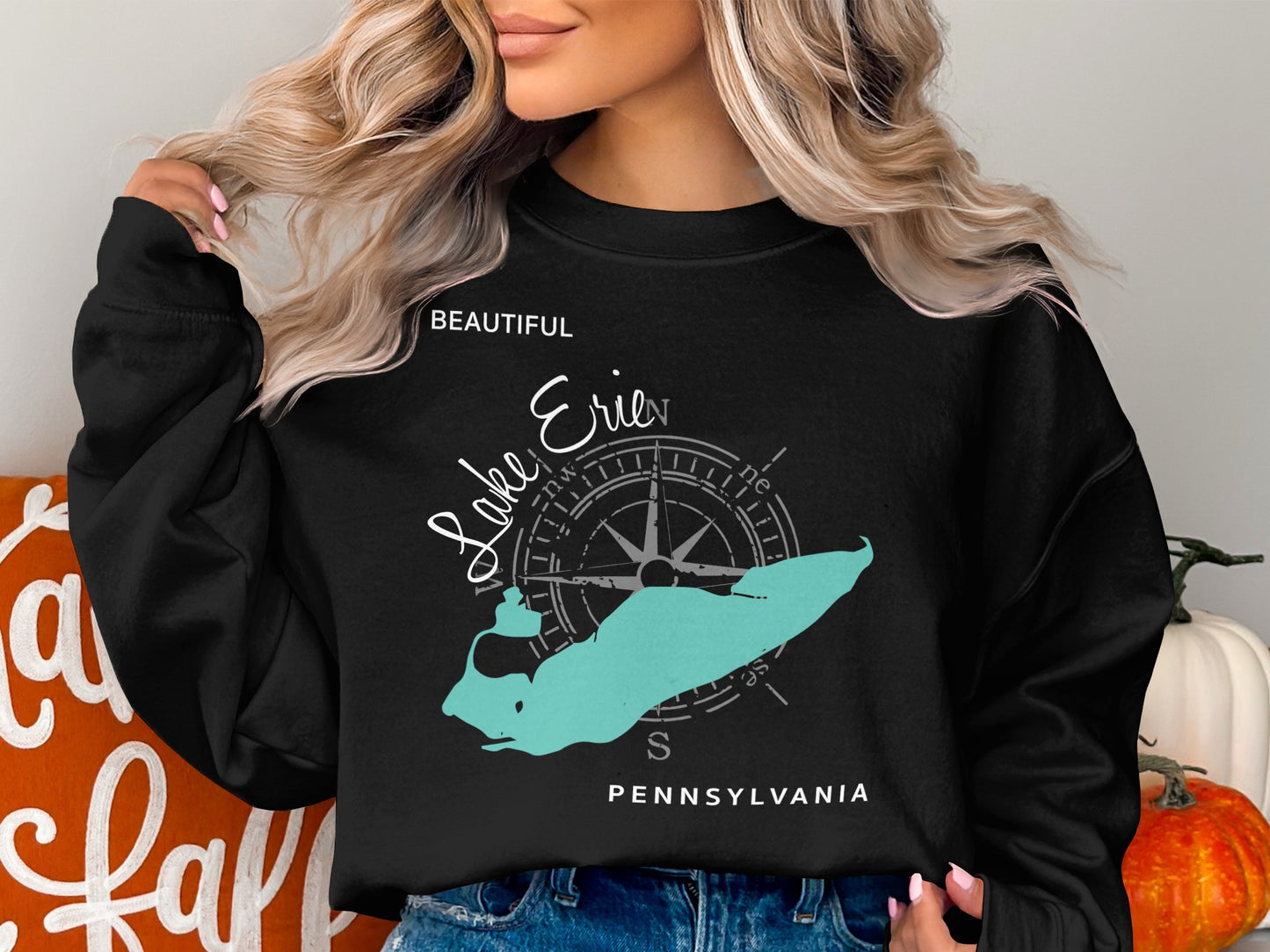 Black sweatshirt with a teal compass rose and "Lake Erie Pennsylvania" text.