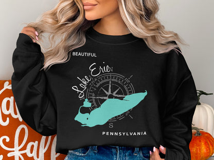 Black sweatshirt with a teal compass rose and "Lake Erie Pennsylvania" text.