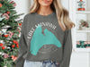 Grey sweatshirt featuring a teal map of a lake with text "Lake Manawa Iowa" and compass rose.