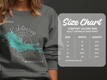Kabetogama sweatshirt with size chart and measurements in inches.