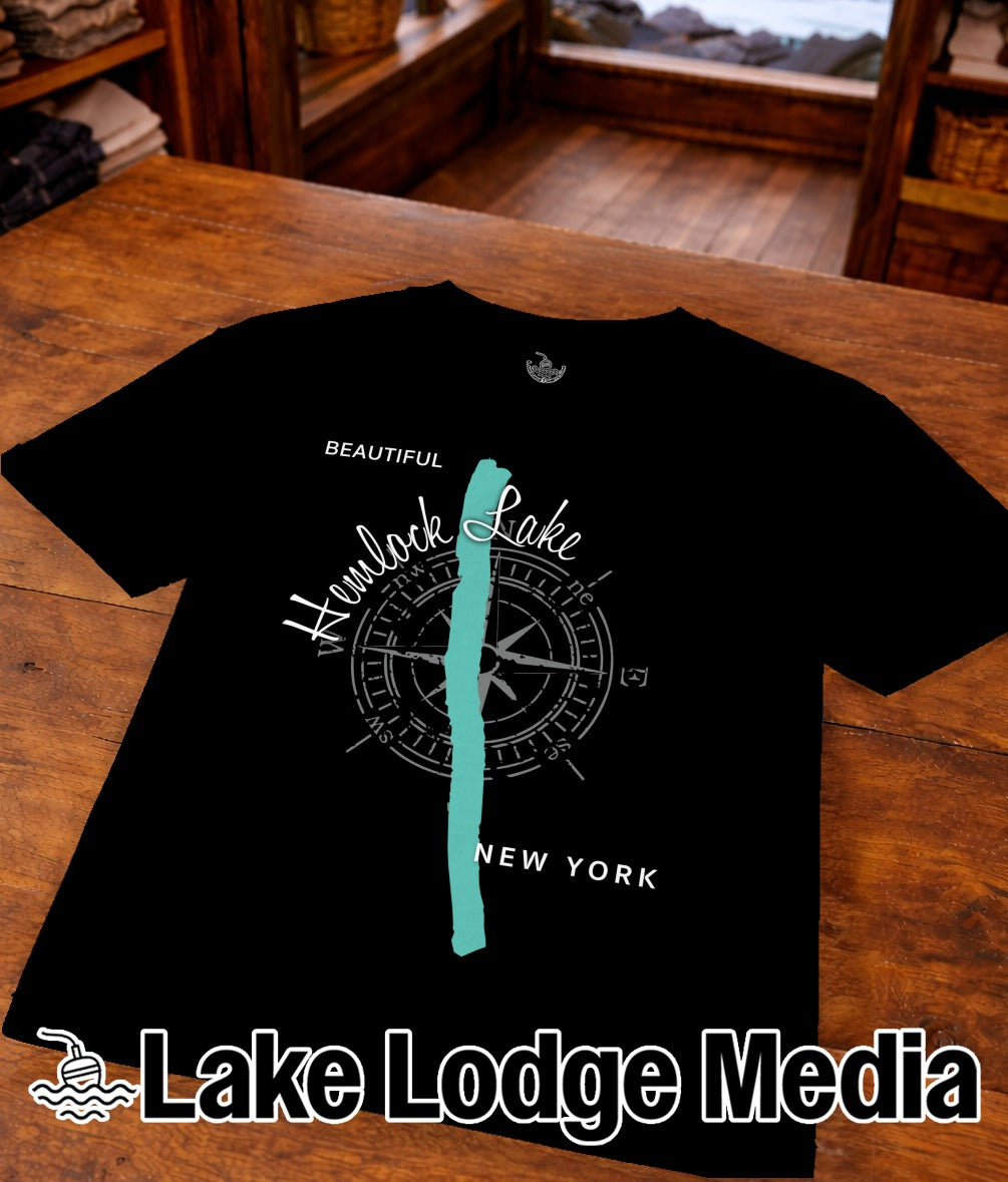 Black t-shirt with compass and "Beautiful Hemlock Lake New York" text.