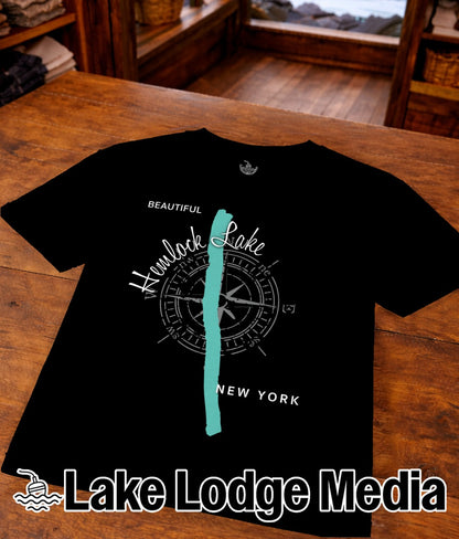 Black t-shirt with compass and "Beautiful Hemlock Lake New York" text.