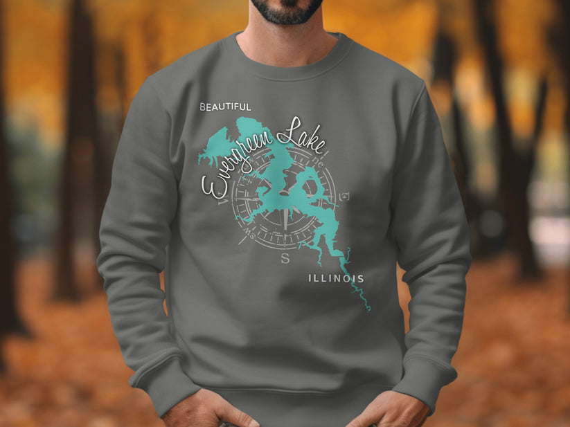 Crewneck sweatshirt featuring an Evergreen Lake map and compass design.