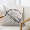 Cushion with Sam Rayburn Reservoir map and compass design.