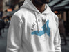 White hoodie with a blue map of Lake Gregory and compass design.