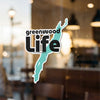 'greenwood Life' sticker with a teal lake outline over black text.