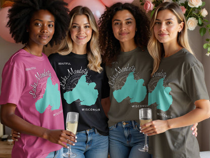 Four women in t-shirts with "Lake Mendota WISCONSIN" and map graphic.