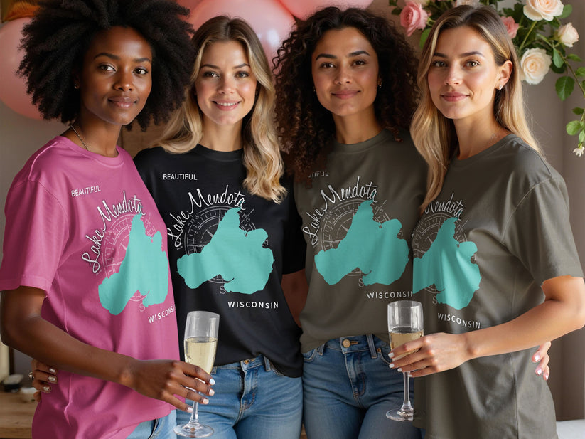 Four women in t-shirts with "Lake Mendota WISCONSIN" and map graphic.