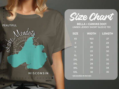 Bella + Canvas 3001 size chart with lake map graphic on t-shirt.