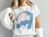 White t-shirt with Augur Lake New York map graphic and compass rose.