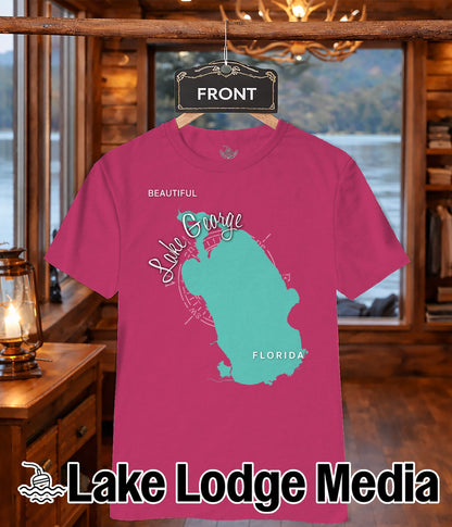 Teal Lake George outline on a pink t-shirt with "FRONT" tag above.