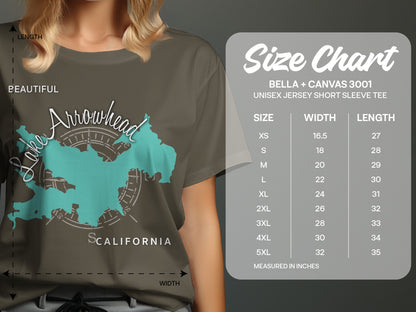 Size chart for Bella + Canvas 3001 t-shirts with measurements.