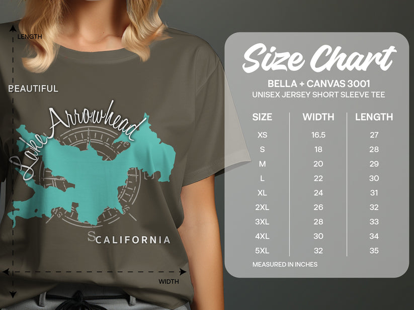 Size chart for Bella + Canvas 3001 t-shirts with measurements.