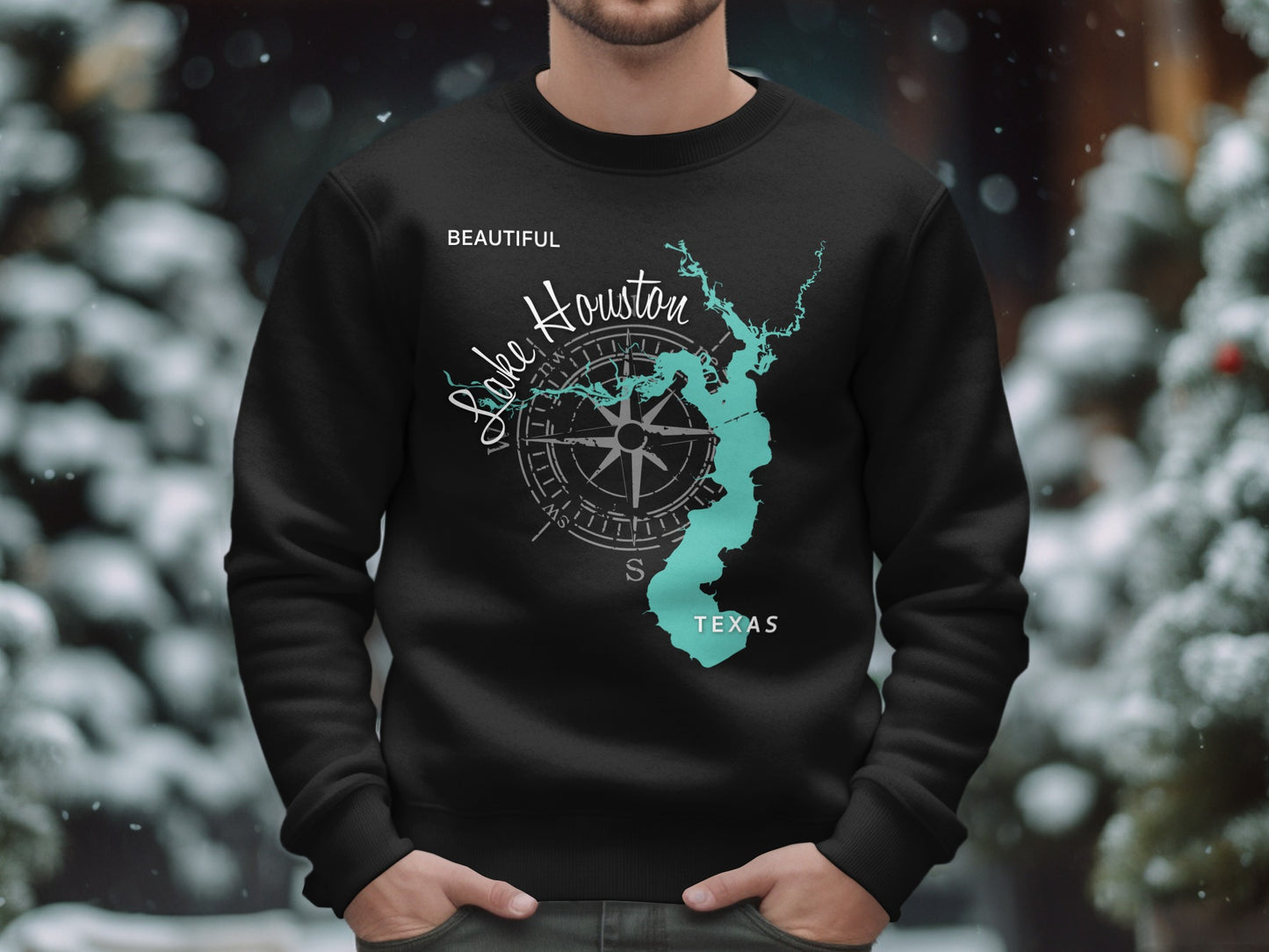 Black sweatshirt with Lake Houston, Texas map and compass design.