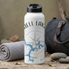 White water bottle with black lid, featuring "HELL LAKE" text, compass, and lake graphic.