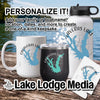 White mug, black tumbler, and white water bottle with Calaveras Lake design.