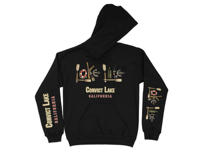 Black hoodie with "Convict Lake California" and water-themed graphic on sleeves.