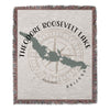 Woven blanket with Theodore Roosevelt Lake map, compass, and Arizona text.
