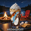 Glass of coffee with whipped cream, lake graphic, s'mores ingredients, campfire, and Adirondack chair.