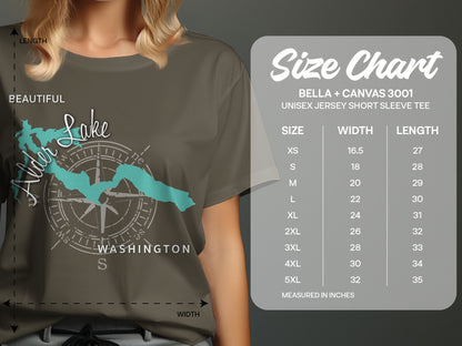 T-shirt with a compass and map of Lake Washington in green and teal.