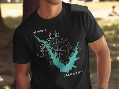 Black t-shirt with a teal map of California's Castaic Lake and compass rose.