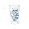 Glass tumbler featuring a blue Lake Martin, Alabama map graphic and text.