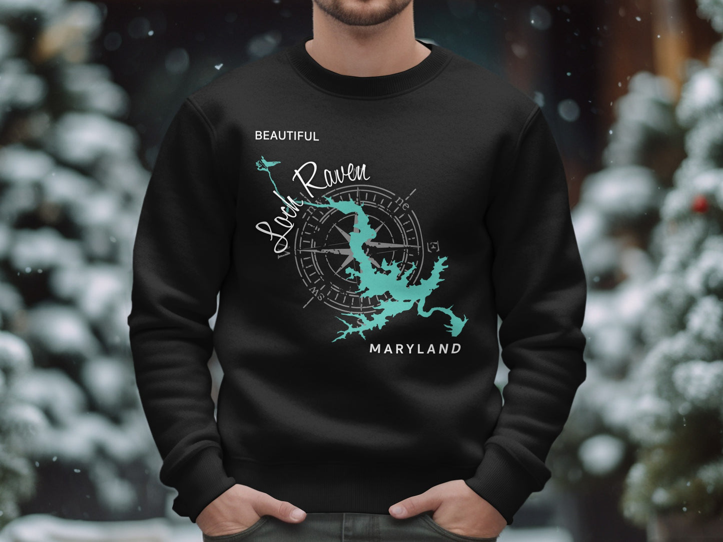 Black sweatshirt with "Lock Raven Maryland" compass and map design.