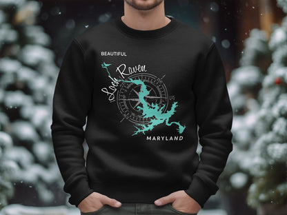 Black sweatshirt with "Lock Raven Maryland" compass and map design.