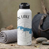 White water bottle with black lid, compass graphic, and "ON LAKE NEW" text.