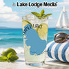 Glass of lemonade with lime and mint, depicting New Hampshire map, with beach scene.