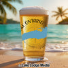 Glass of beer on a beach with "Lake Ontario" text and a map graphic.