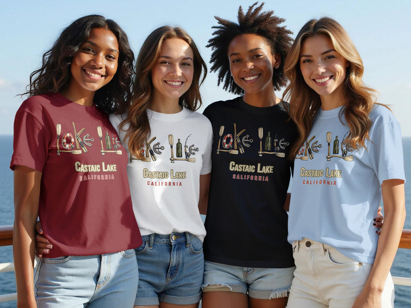 Four women model t-shirts with "Castaic Lake California" graphic.