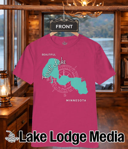 Magenta t-shirt with a teal compass and Minnesota outline graphic.