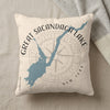 Pillow with Great Sacandaga Lake map and compass rose design, New York.