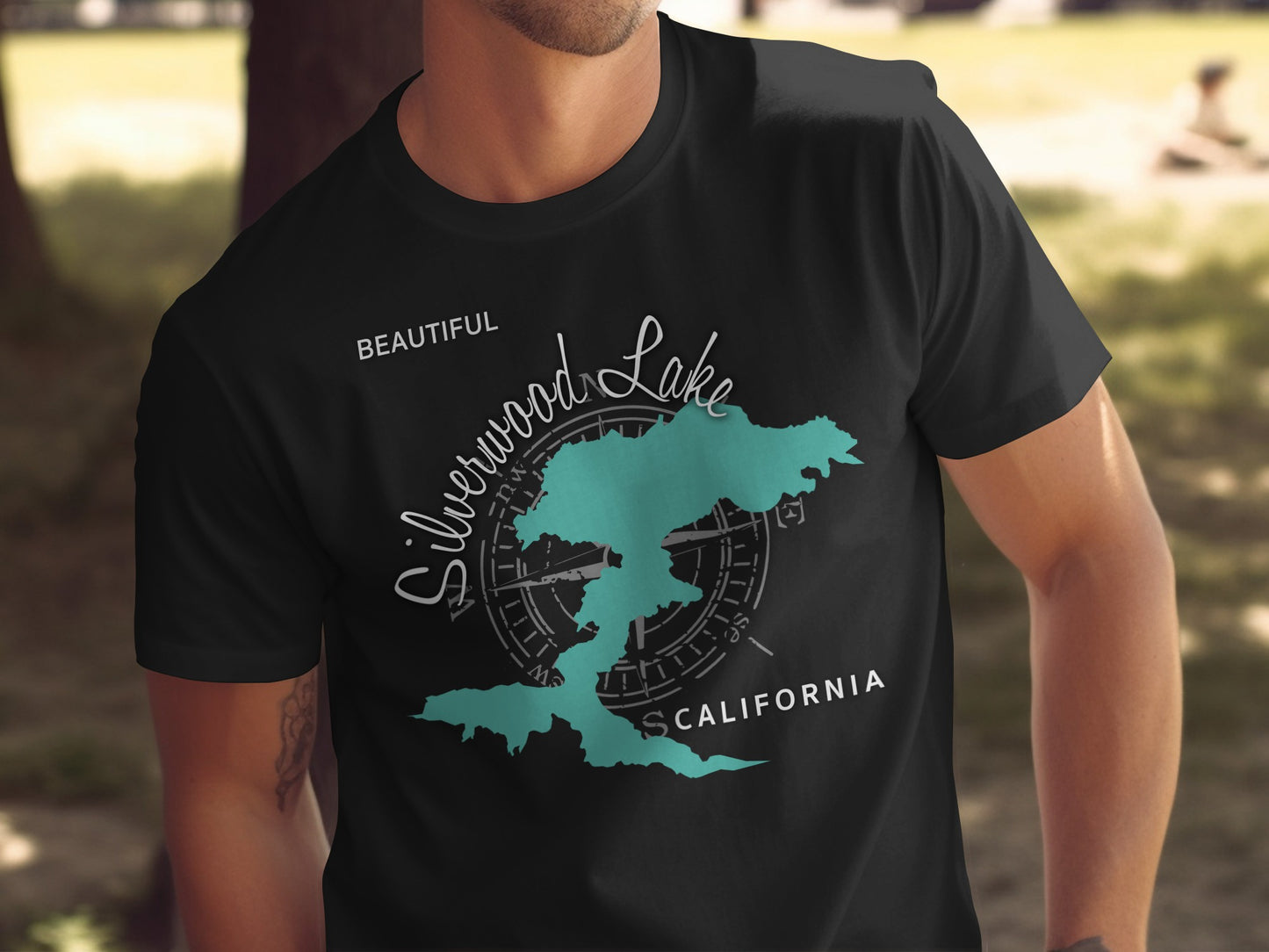 Black t-shirt with a teal map of Silverwood Lake, California.