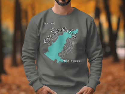 Gray sweatshirt with turquoise Ross Barnett Lake map and compass design.