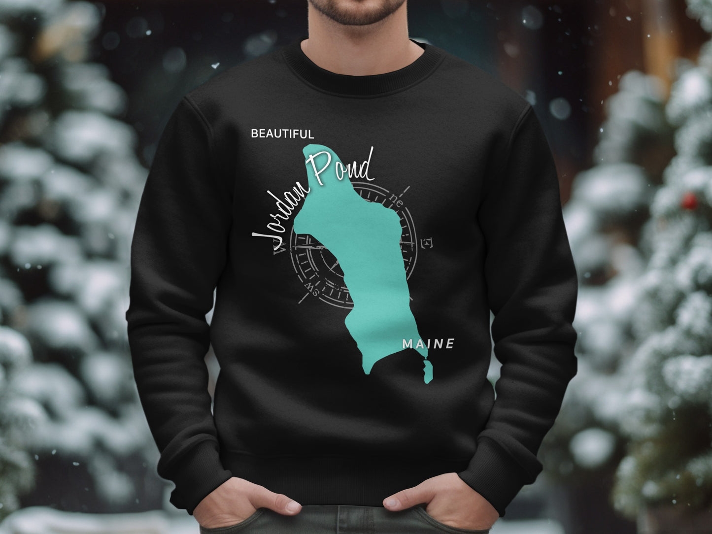 Black crewneck sweatshirt with a turquoise Jordan Pond Maine map graphic.
