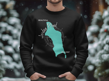 Black crewneck sweatshirt with a turquoise Jordan Pond Maine map graphic.