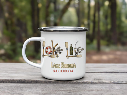 White enamel mug with nautical graphics and "Lake Sonoma California" text.