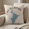 Pillow with Lake Buchanan Texas map graphic and compass rose.