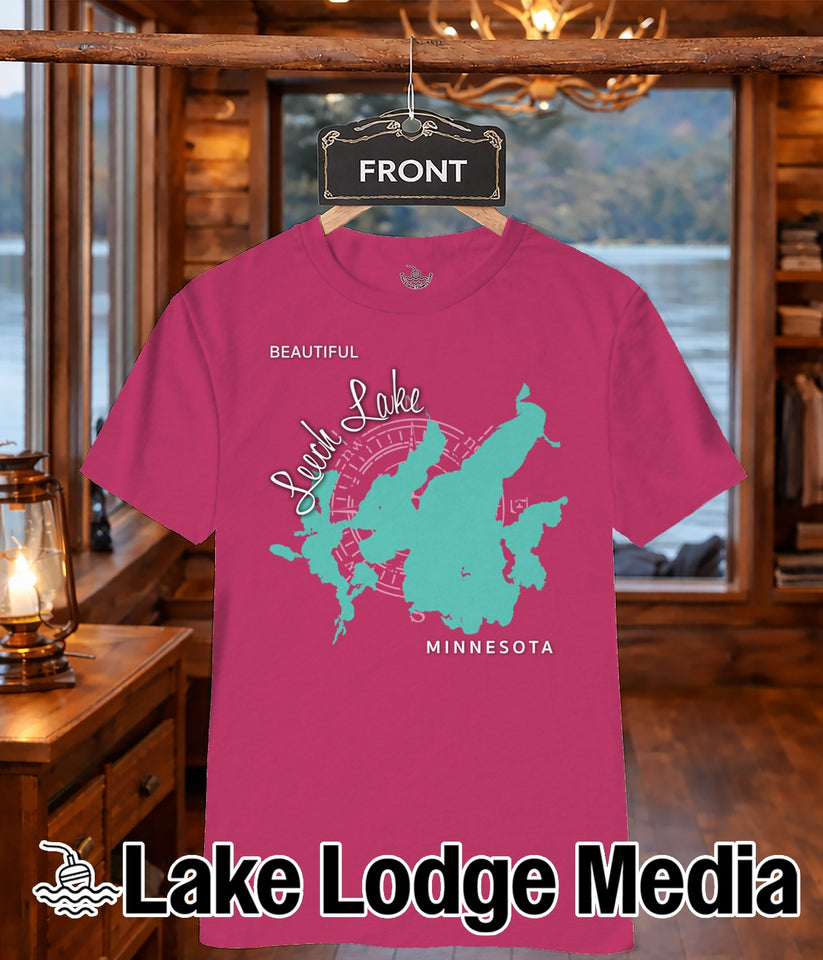 Pink t-shirt with teal outline map of Minnesota and "Lake Lodge Media" logo.