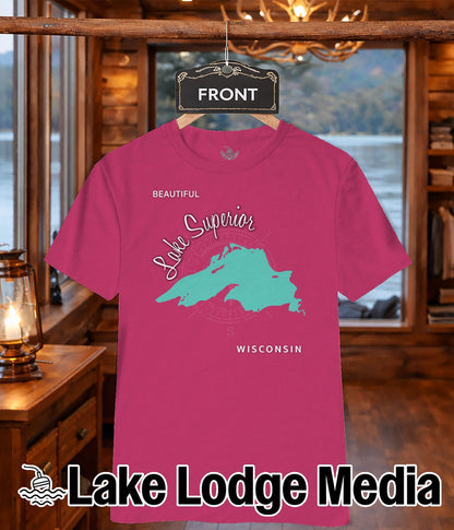 Pink t-shirt with a teal outline map of Lake Superior and "Wisconsin" text.
